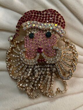 Kirks Folly Pink and Red Santa Face Crystal Brooch